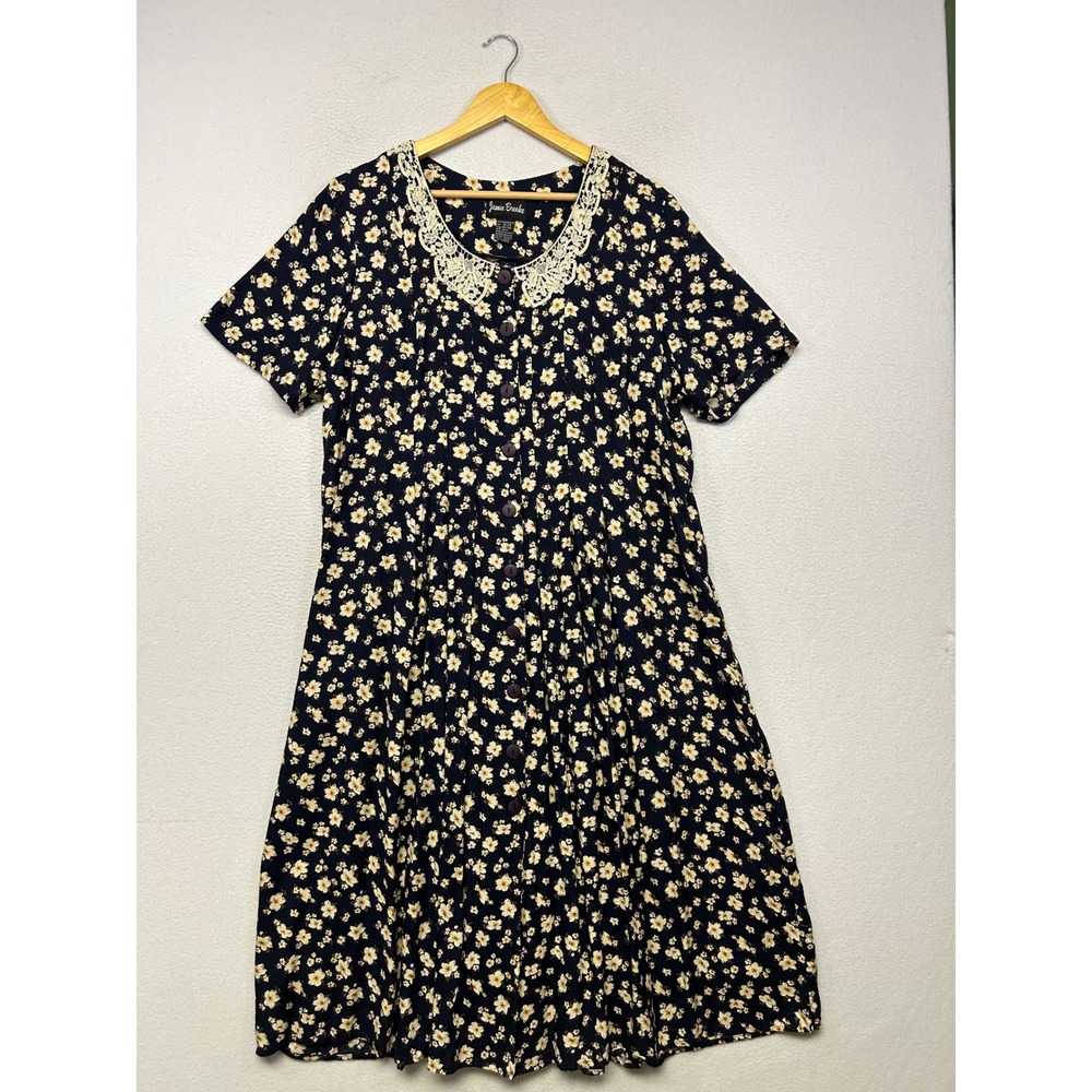 Vintage 90s Cottagecore Jamie Brooke Womens 18/20 Navy Blue Floral Lace Dress